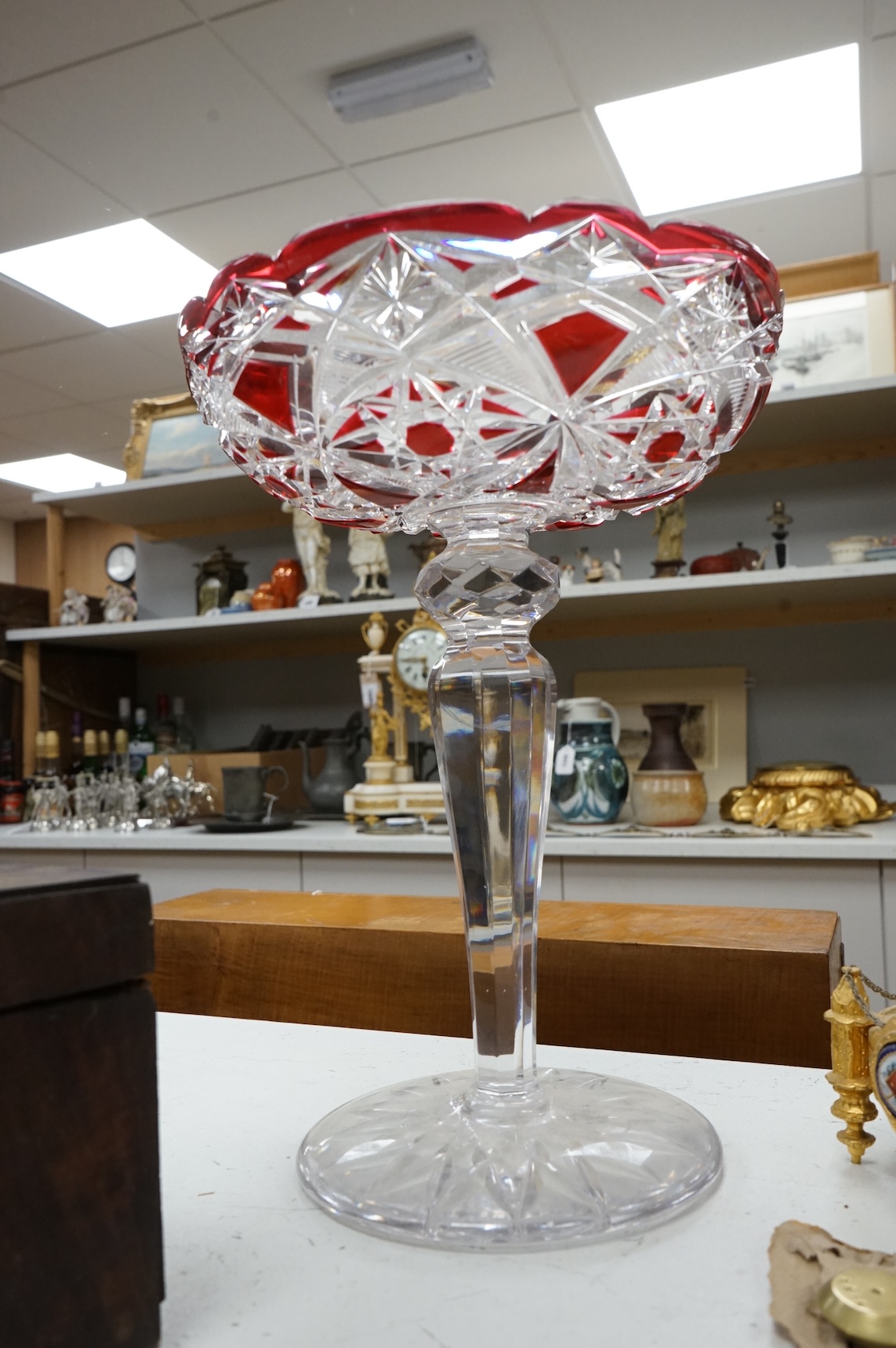 A large Bohemian cut glass and ruby-overlaid comport, 36cm high